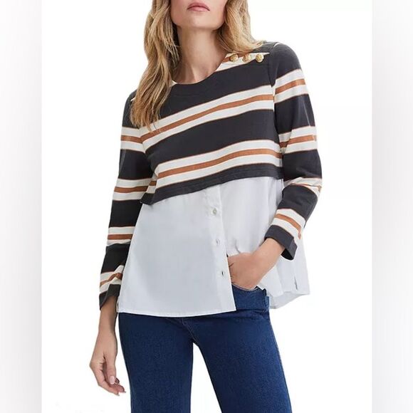 Veronica Beard Bertie Cotton Layered Top in Charcoal Multi M - Picture 1 of 14